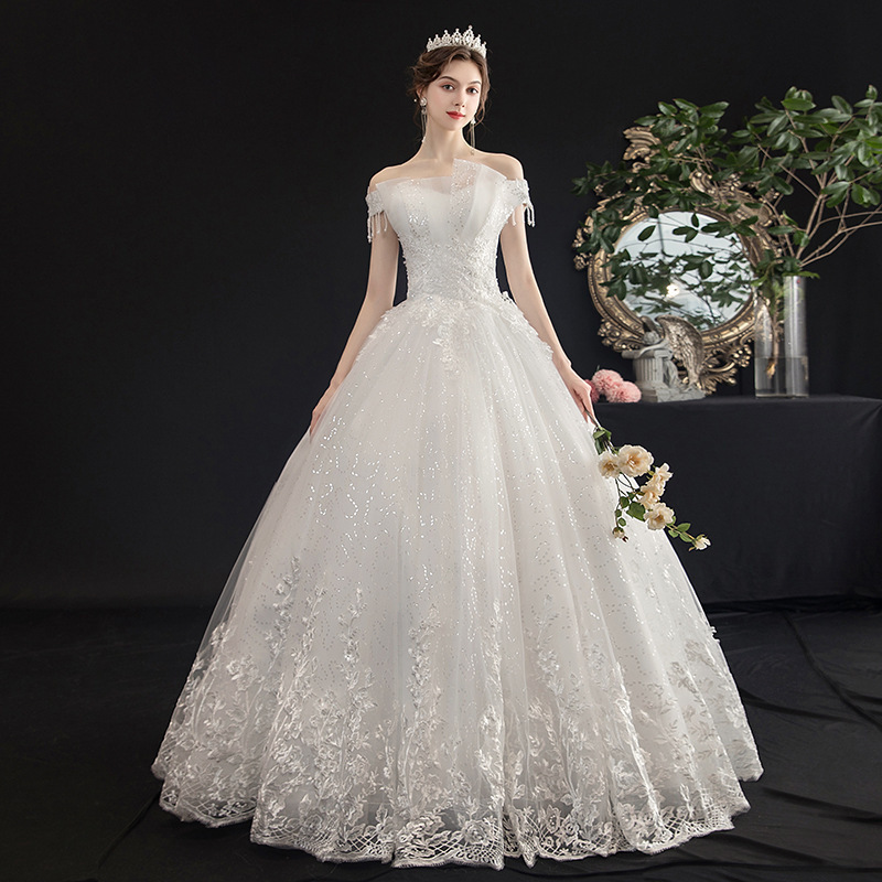 Cross-Border Foreign Trade Wedding Dress 2026 New Style Bride Off-Shoulder Slim Fit Forest Style European and American Floor-Length Puffy Dress
