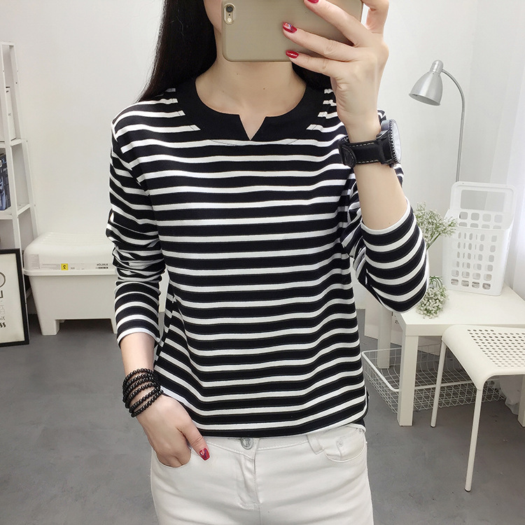 Plus Size Loose Long-sleeved T-shirt Women's Autumn Clothes Pure Cotton Base Shirt Black and White Striped Top