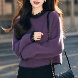 温柔气质短款紫色毛衣女2025秋冬韩版高级感减龄拼接针织衫上衣潮