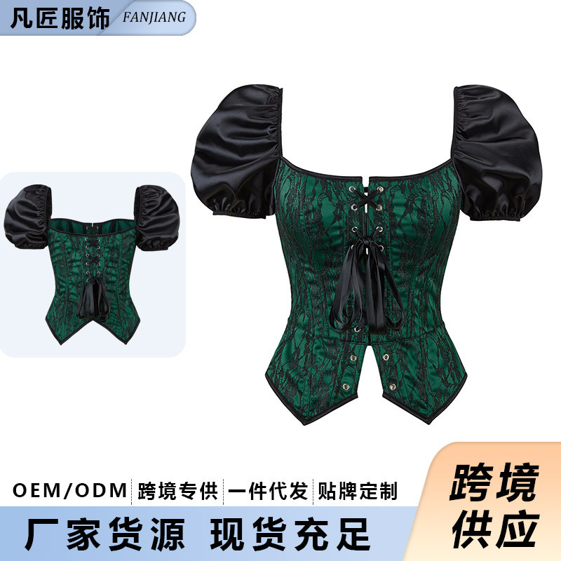 Women's Palace-Style Corset Satin Lace Floral Fabric One-Shoulder Puff Sleeve Body-Shaping Top for Outer Wear