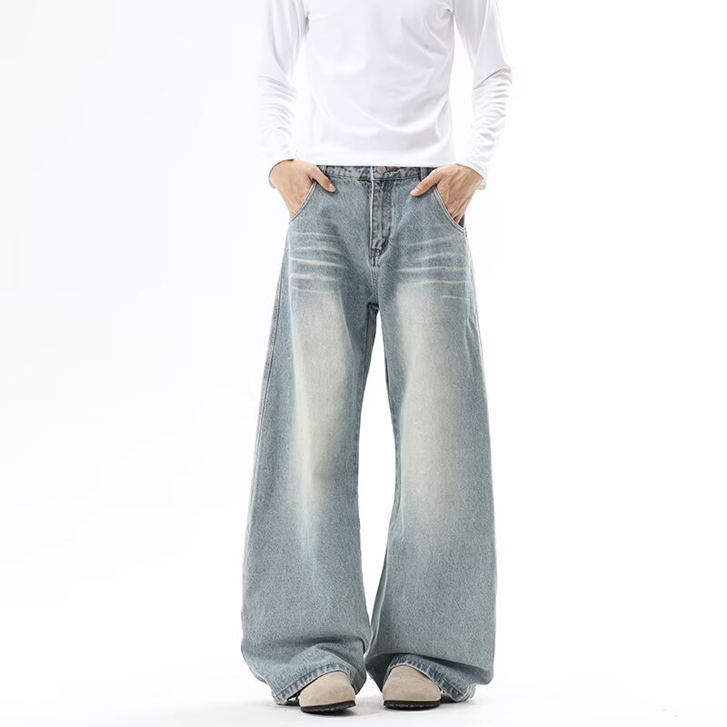 Vintage Washed Straight Leg Jeans For Men And Women, Comfort Fit Denim Trousers With Classic Whiskering, Retro High-Street Style_viptrois.com
