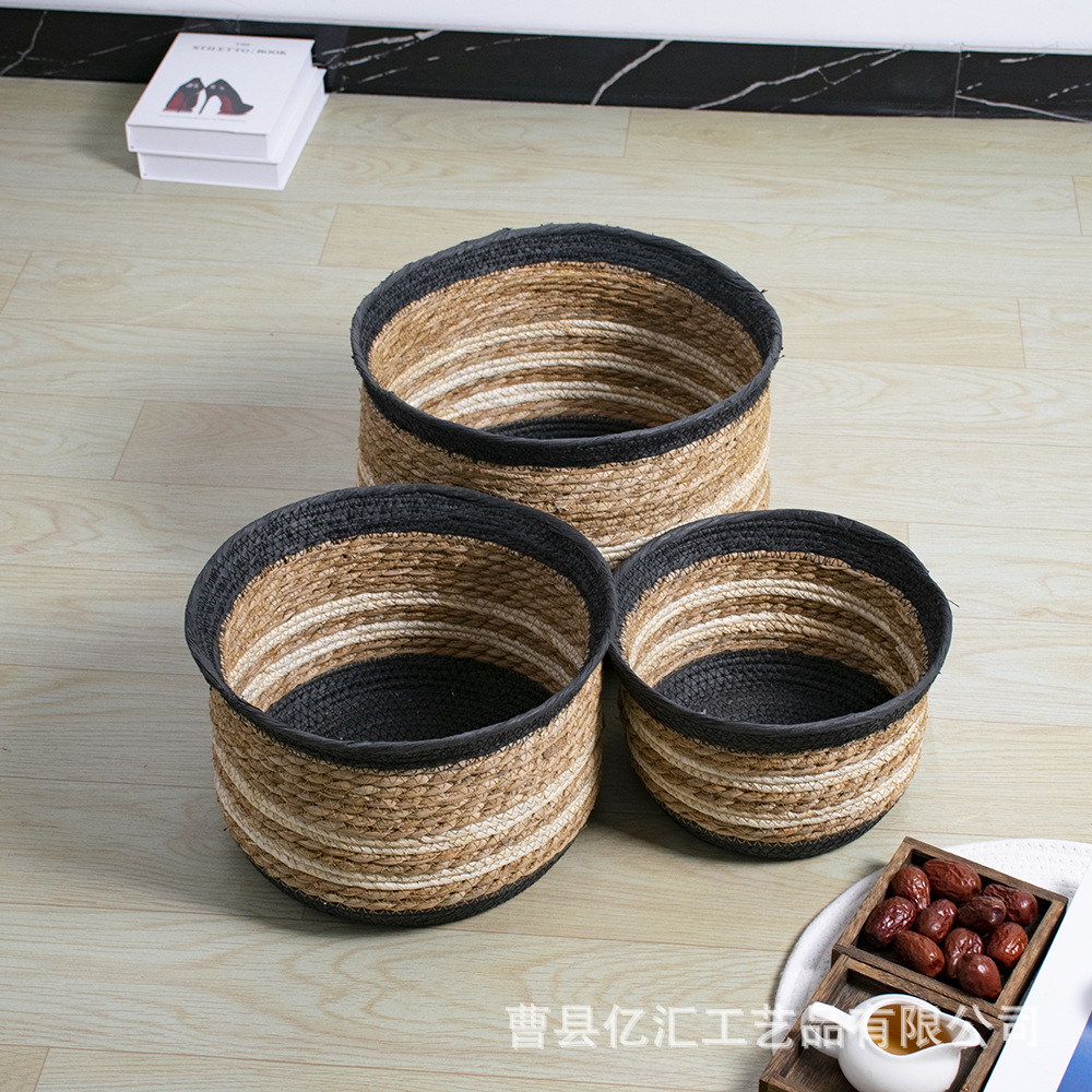 简约草编3件套收纳筐圆形编织化妆品杂物篮桌面零食储物篮子