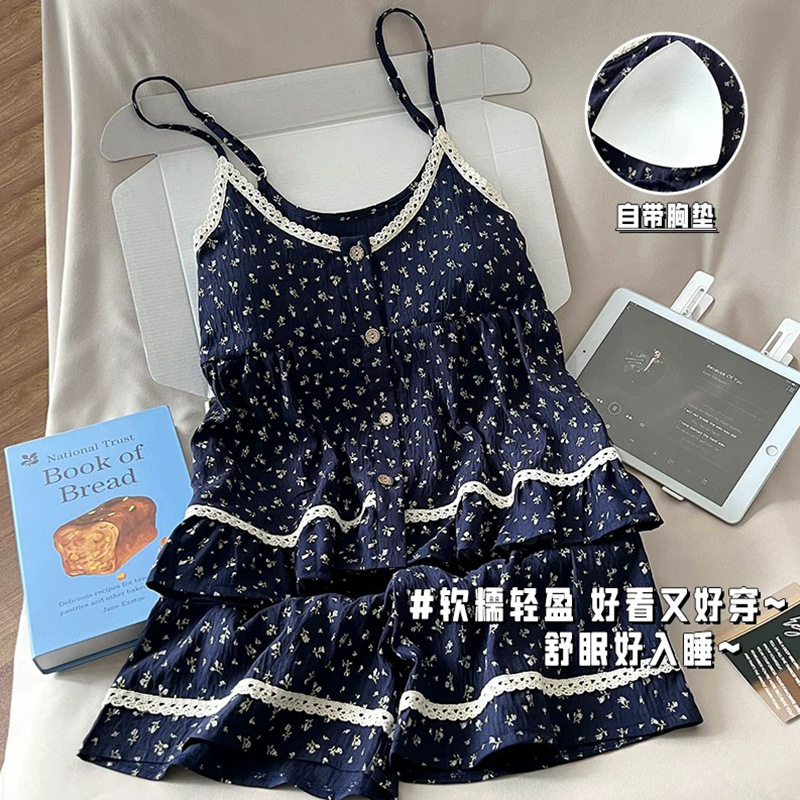 Summer New Style Vest Shorts Pajamas for Women Sweet Ins Plaid with Chest Pad Suspender Shorts Cloud Cotton Home Clothes