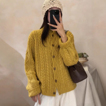 欧洲站2025秋冬新款复古麻花软糯针织开衫女单排扣立领加厚羊毛衫
