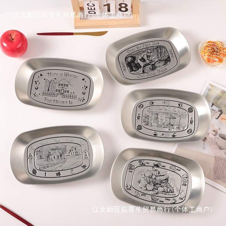 Retro Tinplate Creative Snack Plate Household Commercial Stainless Steel Plate French Fries Fried Chicken Barbecue Outdoor Picnic Plate