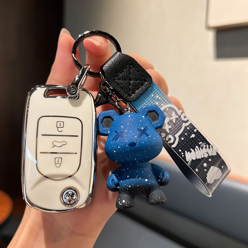 Wuling 모델 B - 접이식 3버튼 [싱글 쉘 화이트] + 블루 폭력 곰 펜던트