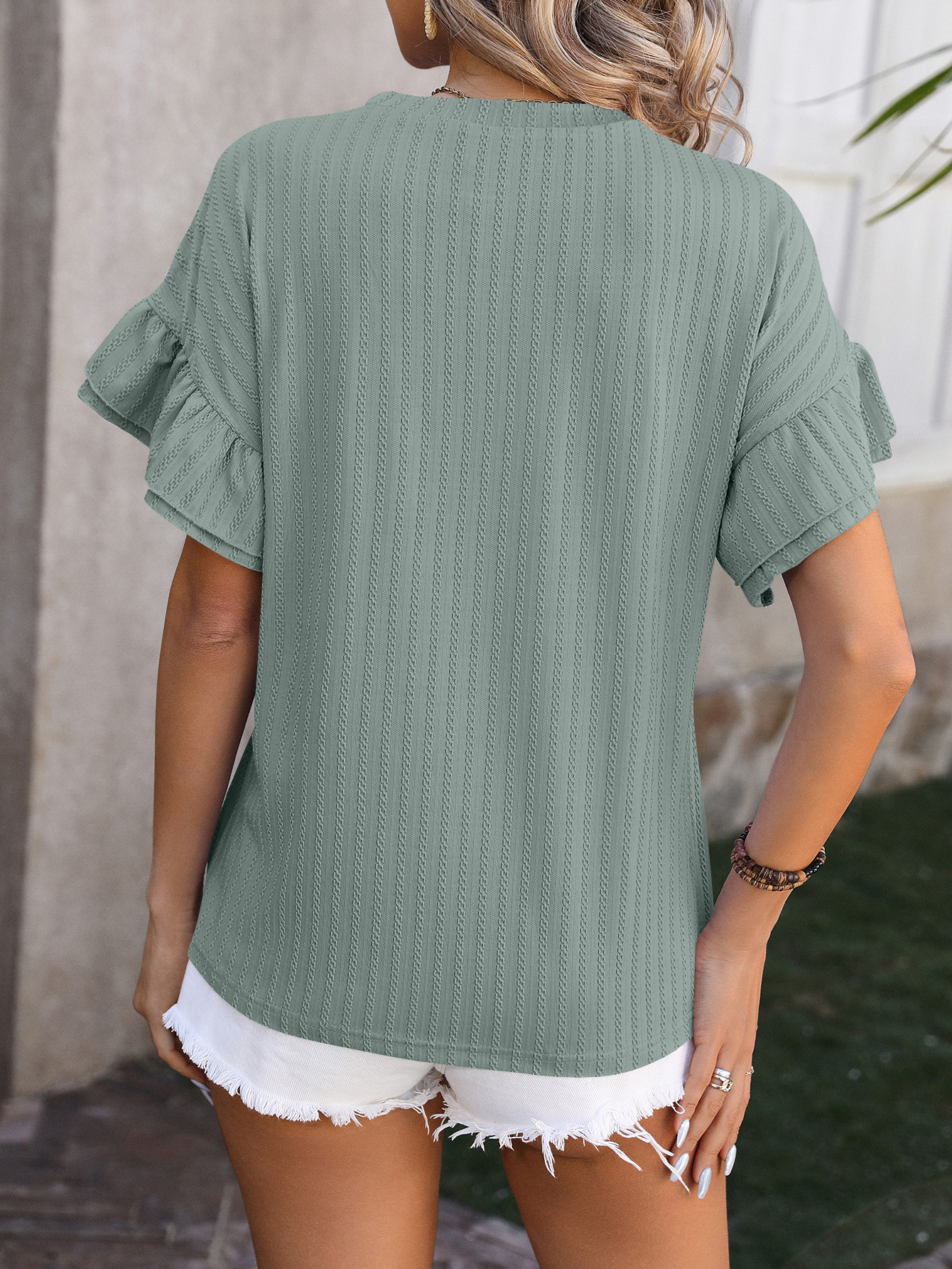 210g Weight Short Sleeve Sleeve Length Pullovers Placket Type Flounce Sleeve Sleeve Type Spandex, Polyester Fabric Type Regular Top Length T-shirt Tops Type Daily Occasion Round Neck Neckline Loose Fit Type Solid Color Pattern Summer, Spring Season Women's Gender Elegant Style Wholesale Women's Elegant Solid Color Short Sleeve T-Shirts 23