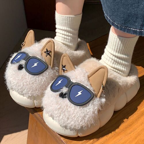 Lightning Dog Cotton Slippers for Men and Women, Winter Couple Home Slippers, Non-slip Cartoon Plush Slippers with Thick Soles, Winter