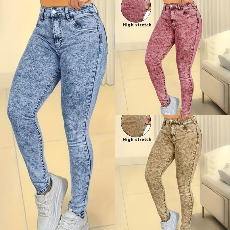 European and American style light blue snowflake wash women's jeans, high-elastic, hip-hugging, peach-shaped, slimming pencil jeans for women European and American style light blue snowflake wash women's jeans, high-elastic, hip-hugging, peach-shaped, slimming pencil jeans for women