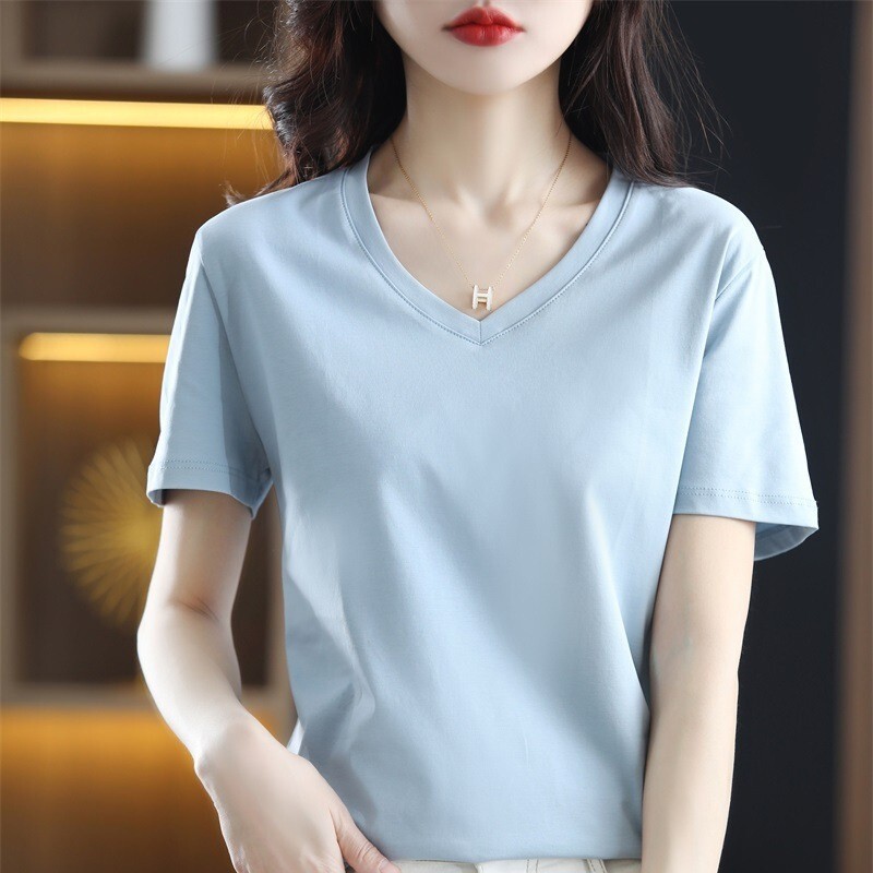 White Women's Short-Sleeve T-Shirt with Liquid Ammonia Mercerized Cotton, 2026 New Summer V-Neck Slim-Fit Sweetheart Neckline Elegant Top