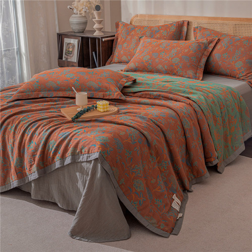 Double-layer yarn soy jacquard pure cotton quilted summer quilt four-piece set cotton air-conditioning quilt thin quilt retro style bedding