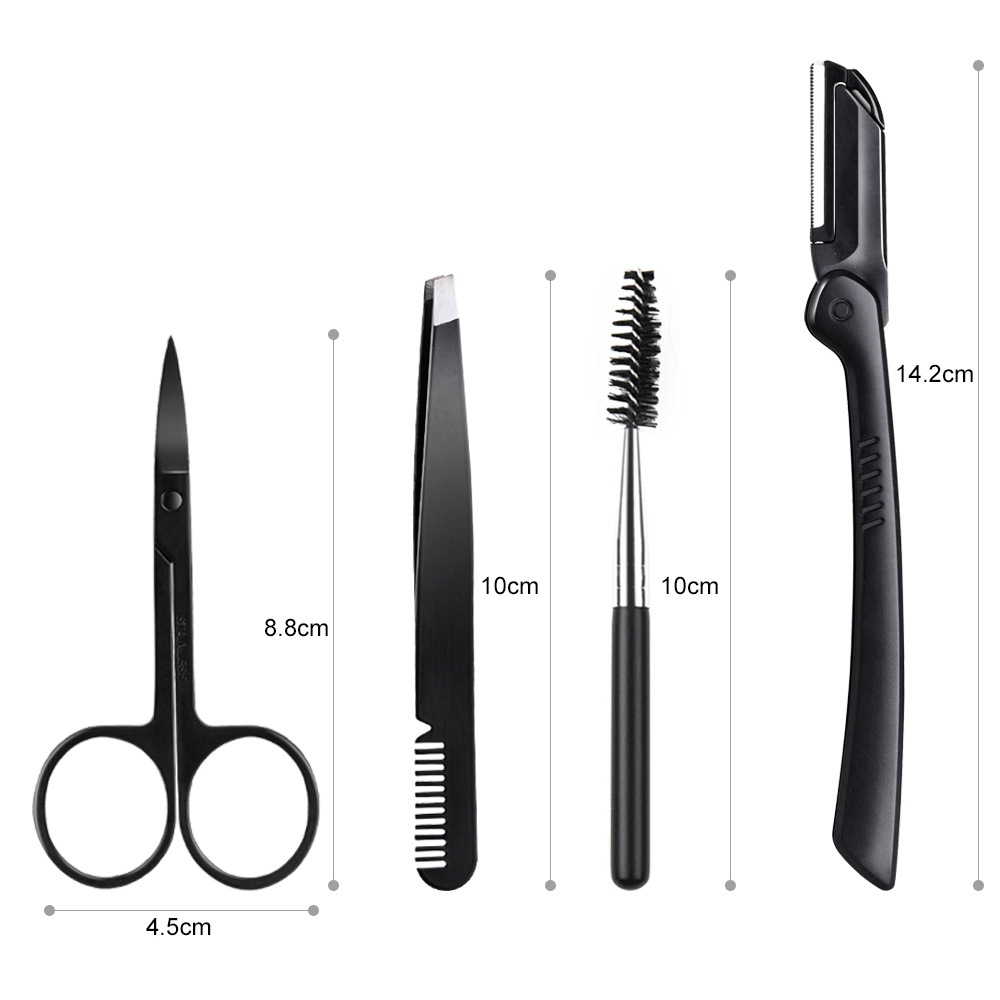 Black Eye-Brow Knife Set Four-Piece Scissors Stainless Steel Eyebrow Knife Brow Groomer Eye Tweezer Eyebrow Trimmer Eyebrow Trimming Color Cutting Bag