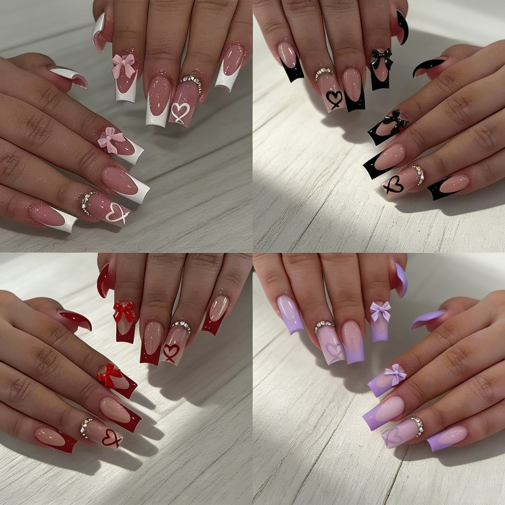 European and American Style Hot Girl 24-Piece Set of Medium-Length Heart-Shaped Bowknot Nail Art with a High-End Feel, Detachable Nail Tips