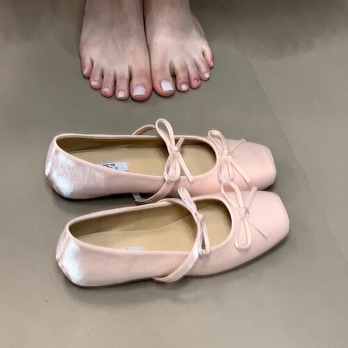 Pink bow Mary Jane shoes for women, 2025 summer, cushioned inner heel, single shoe, French square-toe princess shoe, low heel, comfortable