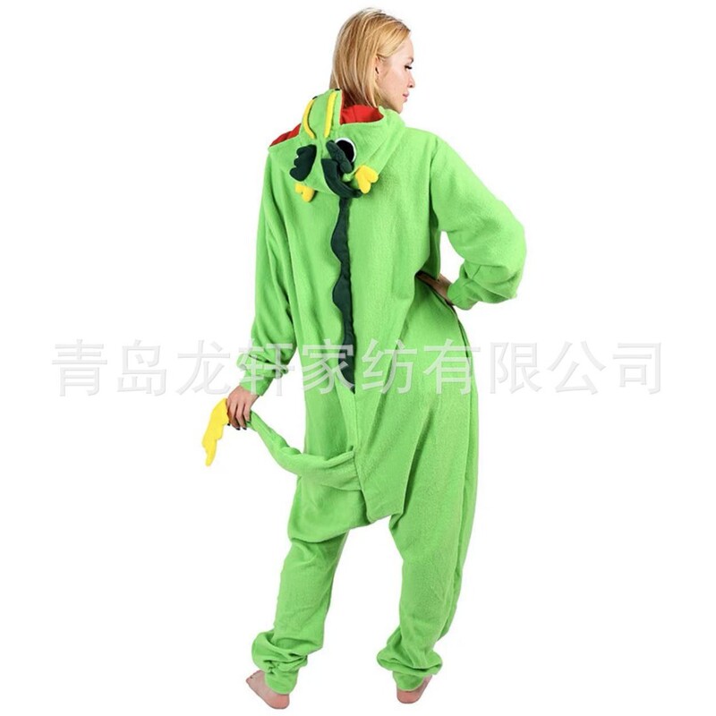 Cross-Border Factory Direct Sales Wholesale Polar Fleece Cartoon Animal One-Piece Pajamas Green Chinese Dragon Couple Loungewear