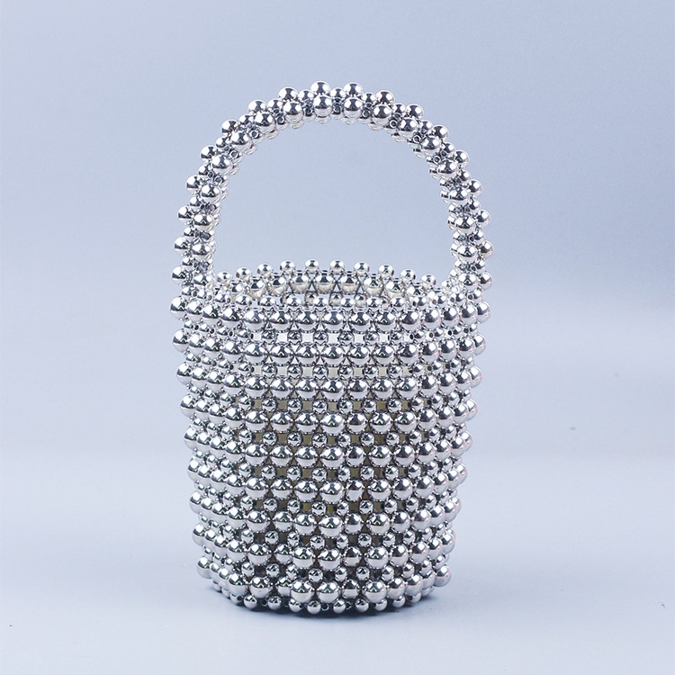 Handmade Beaded Bucket Bag for Women Spring Summer DIY Woven Pearl Party Handbag Trendy - Thumbnail 6