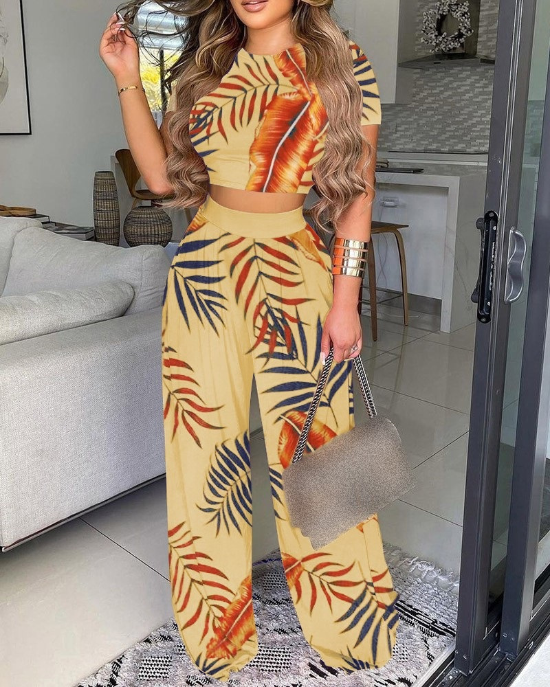 round neck short sleeve high waist wide-leg solid color/printed vest and pants set-Multicolor NSSRX129072