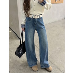 2025新款阔腿裤女款秋季时尚爆款复古高腰牛仔裤子女百搭简约长裤