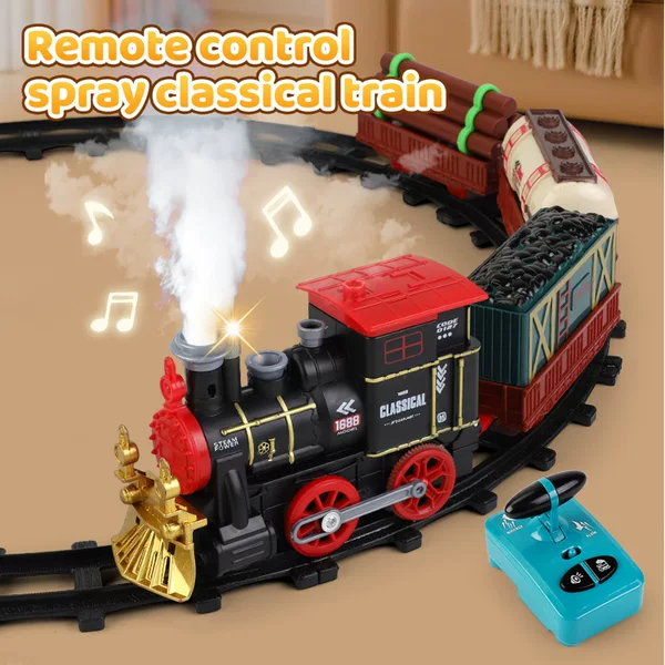Cross-Border Remote Control Classical Track Train Children's Electric Light-Up Train with Smoke Steam Train Toy for Boys