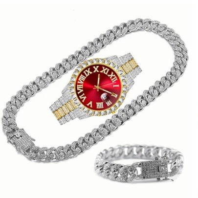 New fashionable diamond-encrusted hip-hop European and American style large dial quartz watch set 3pcs/set