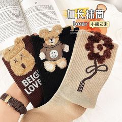 襪子女秋冬新款立體羽毛紗小熊花朵襪子女中筒咖色外穿網紅中長襪