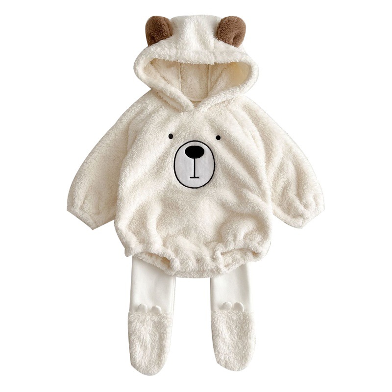 INS ropa de bebé Otoño e Invierno lindo oso con capucha bebé mameluco forrado de lana cálida funda de terciopelo de doble cara