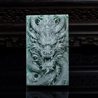 天然A货翡翠龙牌长城蓝水料双面精工影雕高冰玉石吊坠挂件玉佩