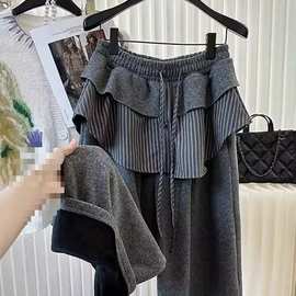 大码胖假两件条纹荷叶边加绒裤子女装秋冬新款外穿宽松阔腿裤潮