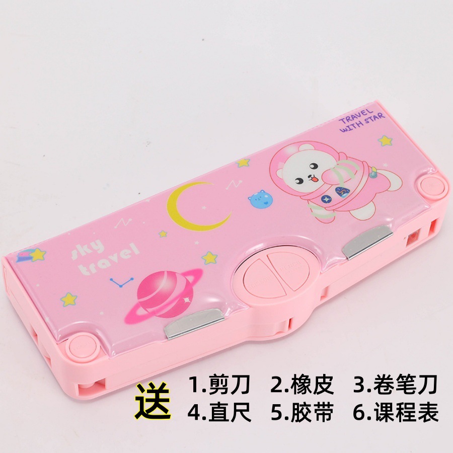 Caja de papelería multifuncional de doble cara de tres capas recientemente mejorada, caja de lápices para estudiantes de escuela primaria de gran capacidad para niños y niñas, juego de 8 piezas gratis