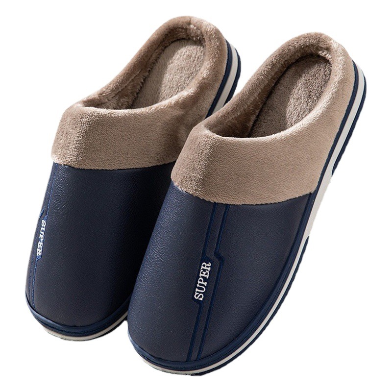 Winter Extra Large Size Cotton Slippers Men's Pu Leather Slippers Waterproof Thick-Soled Home Indoor Non-Slip Warm Shoes 47 48 49