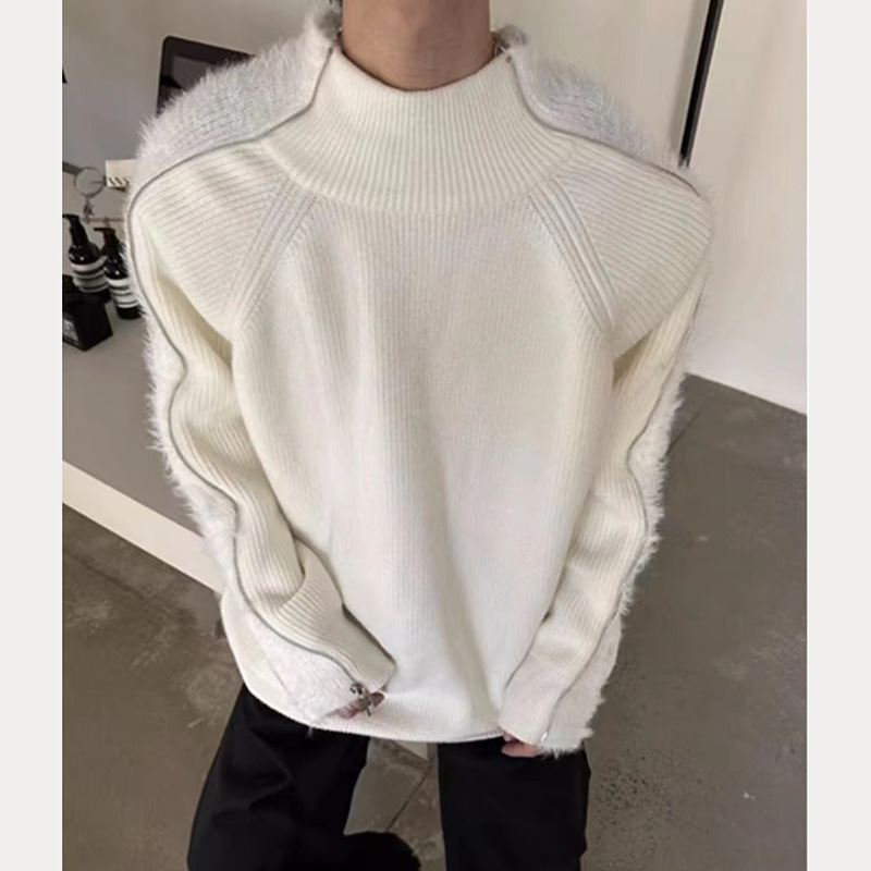 Men's Clothing street zipper sweater brand high street casual deconstruction design loose round neck knitted sweater trend_voghion.com