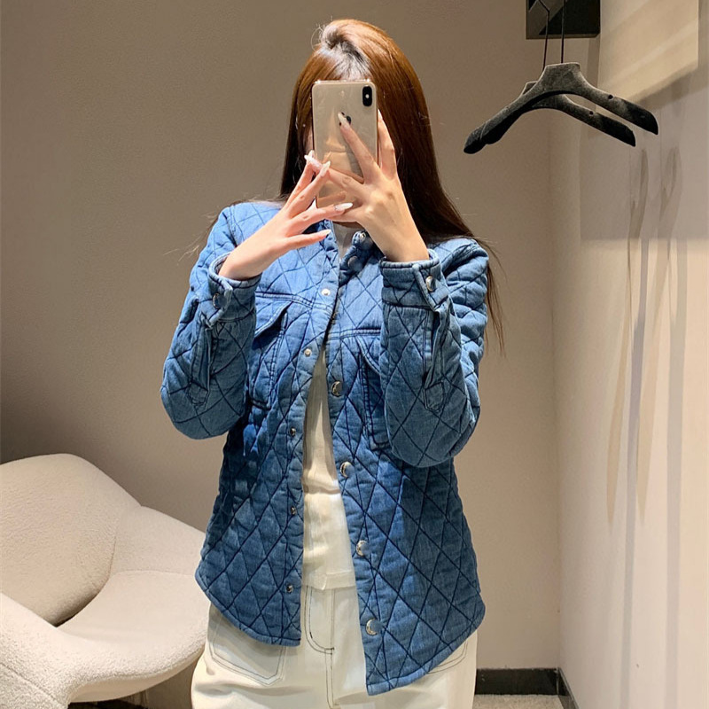 2025秋季新款南油cha复古优雅风菱格纽扣翻领夹棉牛仔衬衫式外套