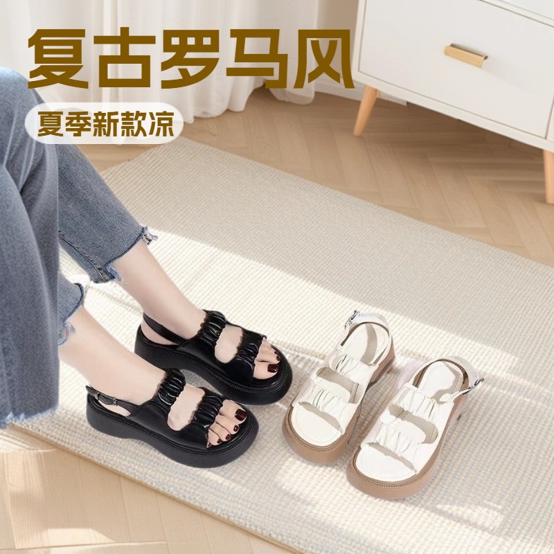 2023 Spring New Retro Sandals Women's Skirt Thick Sole Medium Heel Korean Roman Beach Shoes Women's Wholesale Spot