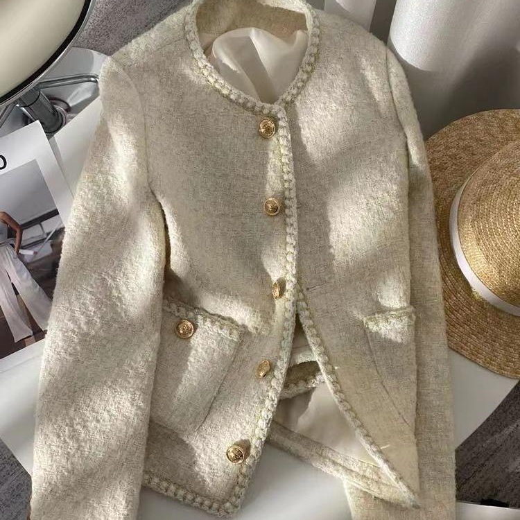 2024 Spring and Autumn New Korean Style Off-White French Short Style Ladylike Tweed Jacket for Women