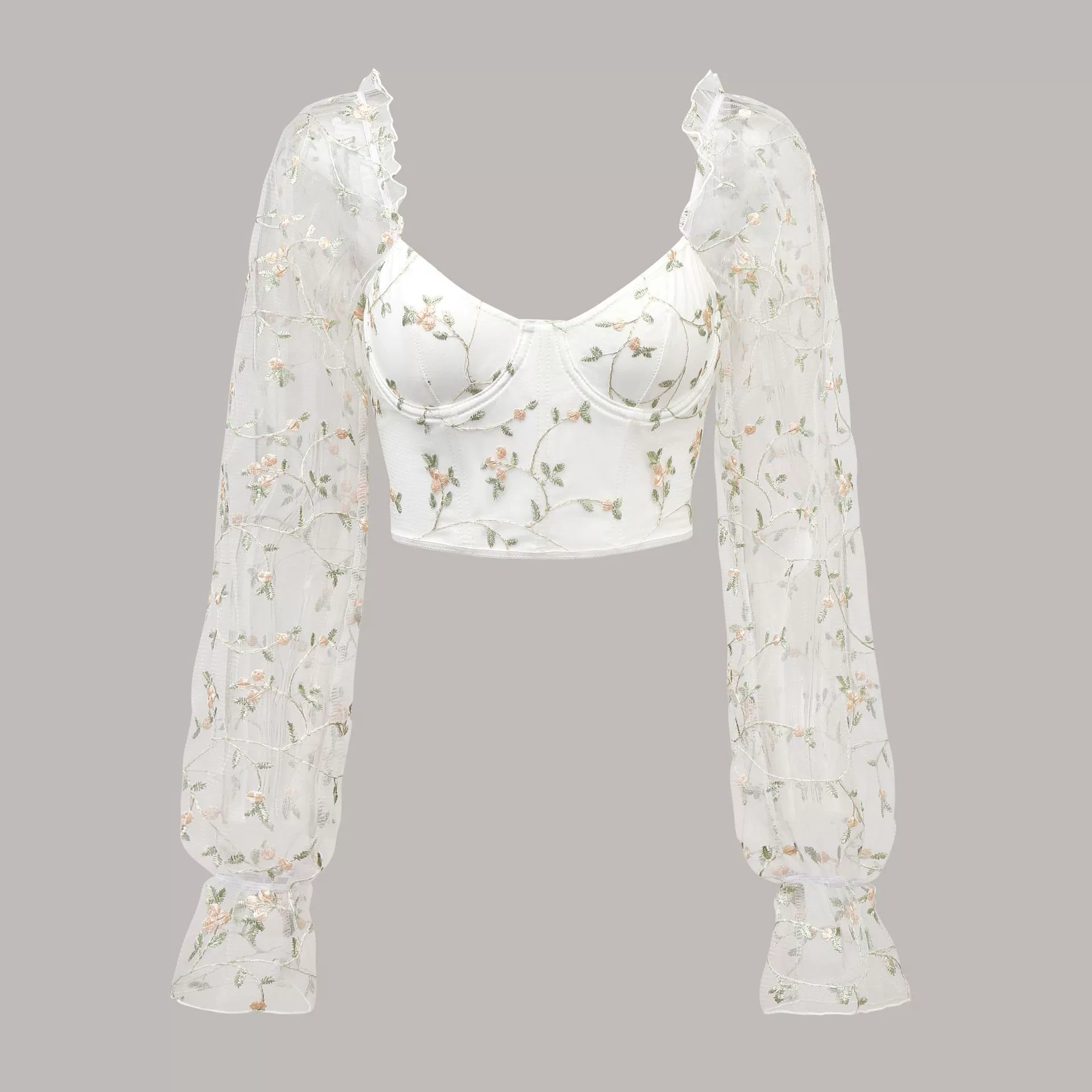 Трансграничная Amazon, горячая девушка, стиль ins, вышивка, прозрачная сетка, низкое вырез, стальное кольцо, топ с длинными рукавами и рыбьей костью LY026