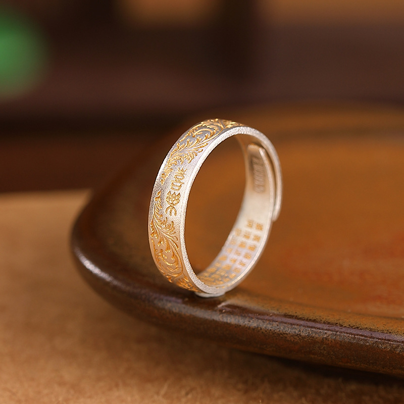 Yilu silver S999.9 pure silver gold painting Chinese style safe happy Tang grass pattern ring retro temperament open ring