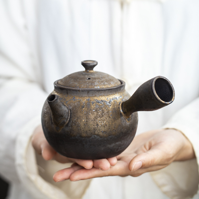 Side-Handle Teapot, Coarse Pottery Tea Pot, Kung Fu Tea Set, Tea Brewing Vessel, Gilded Iron Glaze, Japanese-Style Vintage Ceramic Single Pot, Kiln-Glazed