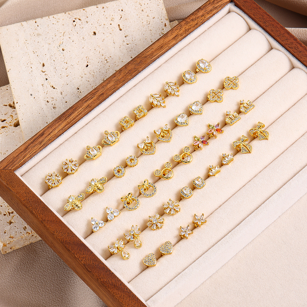 7g Weight Copper Ear Needle Material 18K Gold Plated Plating Material Zircon Inlay Material Ear Studs Classification 1 Piece Quantity Daily Occasion Copper Material Geometric, Heart Shape, Crown Pattern All Seasons Season Women's Gender Inlay Design Sweet Style 1 Piece Sweet Geometric Heart Shape Crown Inlay Copper Zircon 18K Gold Plated Ear Studs 1