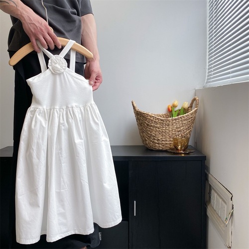 2024 summer new style girls suspender dress French children's clothing children's sleeveless white princess skirt