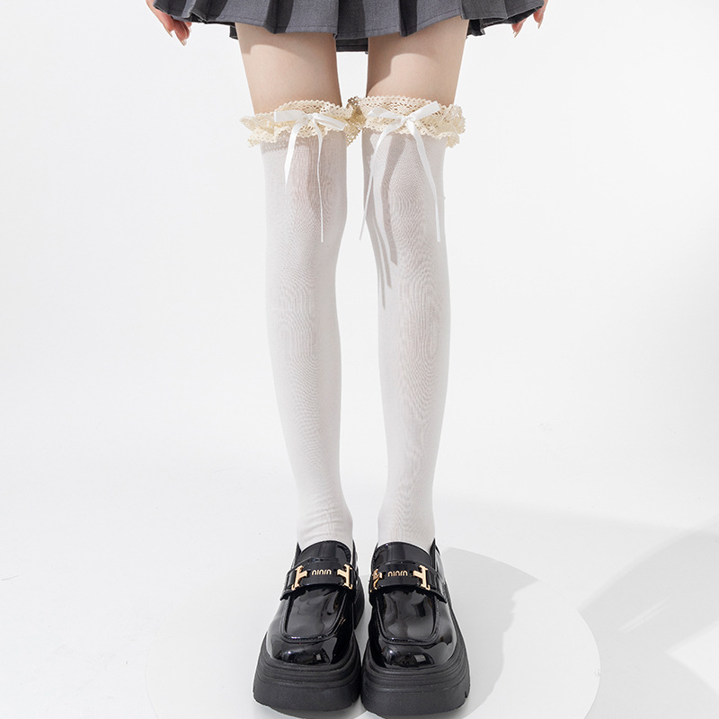 Botas de algodón sobre la rodilla calcetines de mujer Lolita encaje arco puro de la juventud floppy leche blanco ballet calcetines muslos