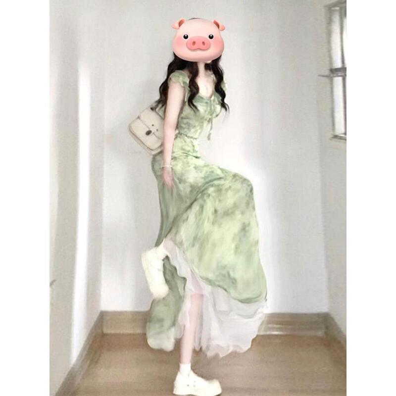 Green Floral Dress for Women, New Summer Style, Casual and Beautiful Summer Wear, Seaside Resort Style Long Skirt