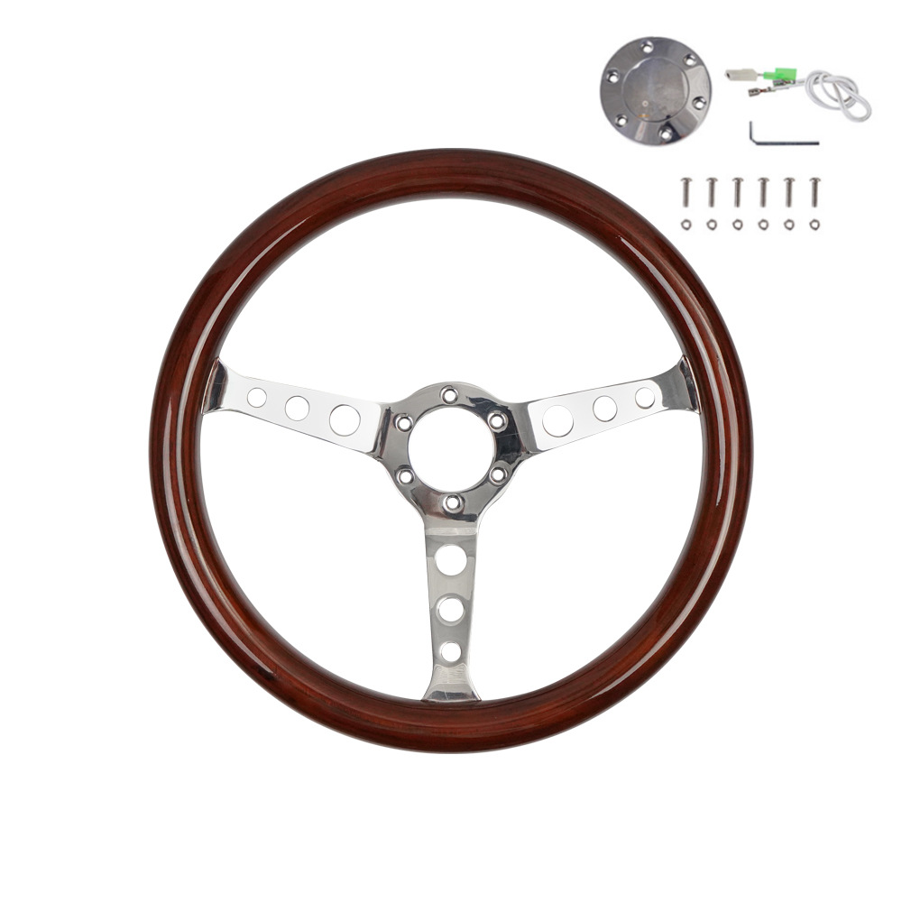 약간의 결함이 있는 두꺼운 3개의 둥근 구멍 원목 스티어링 휠 + 스피커 버튼