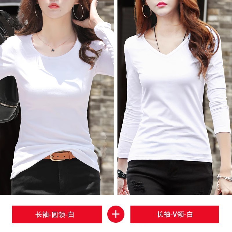 2025年新款春秋白色长袖t恤女修身加绒圆领打底衫内搭上衣服|undefined