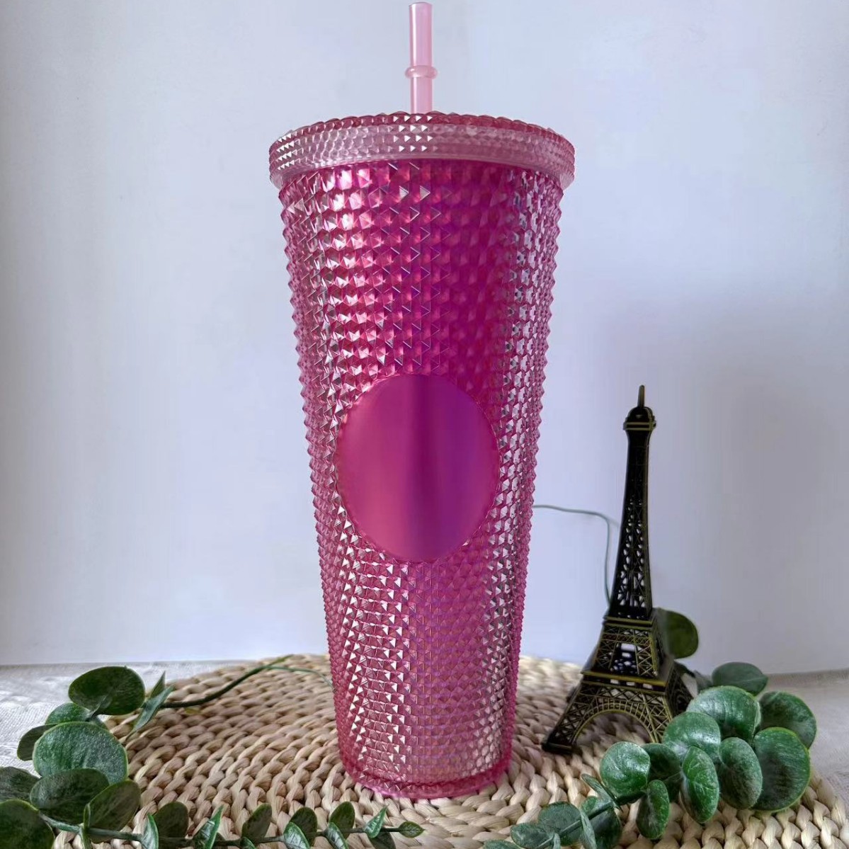 Taza de Plástico de Doble Capa 710ml, con Sorbete, Diseño Diamante/Durian, Transfronteriza