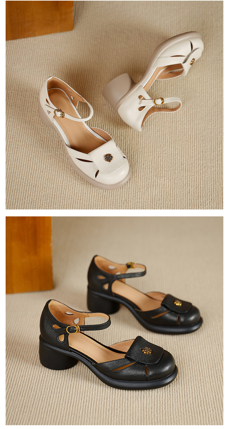 Sandal nữ đế dày 5cm gót hoa trà quai ngang khóa mũi — đen chi tiết 10