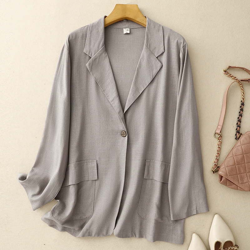 Retro suit, coat, jacket, cotton and linen, plus size