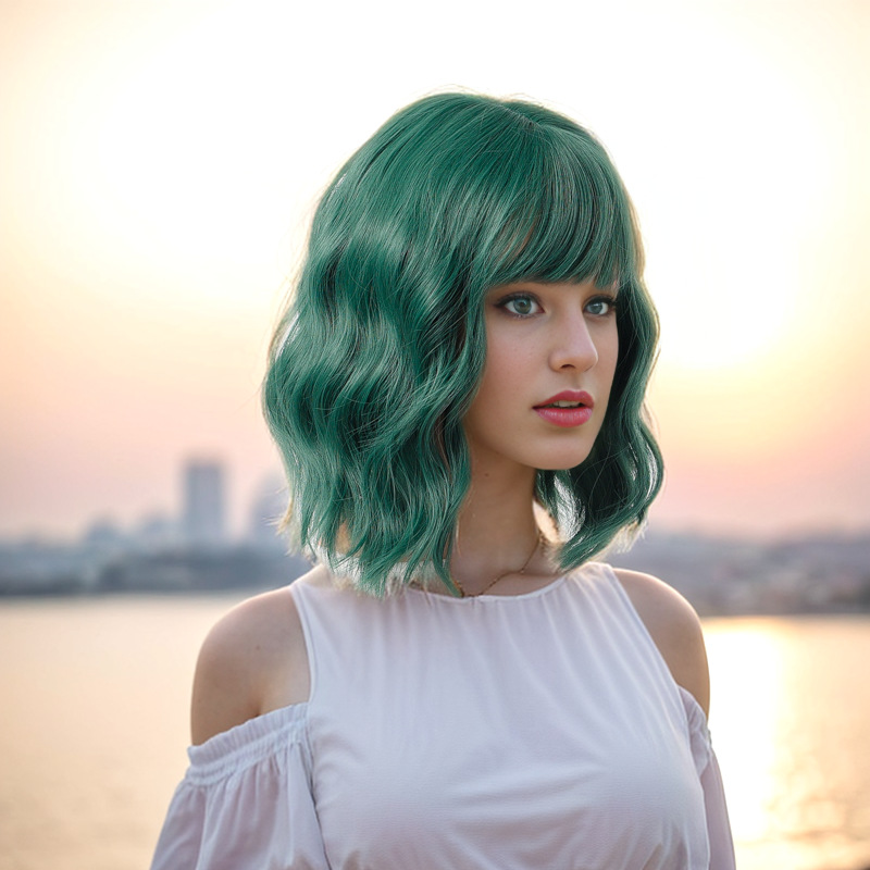 Perucă sintetică 2023 Nou Bobo Head Breton drept Păr sintetic multicolor Lungime până la umeri Scurt Creț_voghion.com