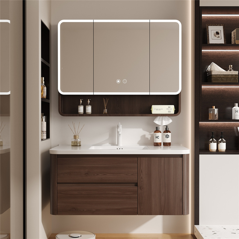 Medieval Style Walnut Color Honeycomb Aluminum Bathroom Cabinet Combination Drawer Washstand Ceramic Integrated Basin Wash Basin Wholesale
