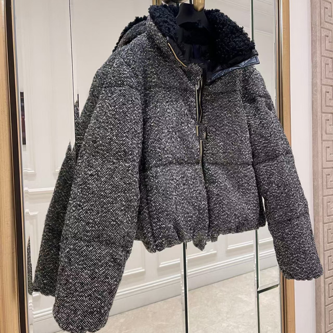 Nanyou Direct Supply 2025 Autumn/Winter Fashion Stand Collar Wool Blend down Jacket Classic Long Sleeve Patch Top