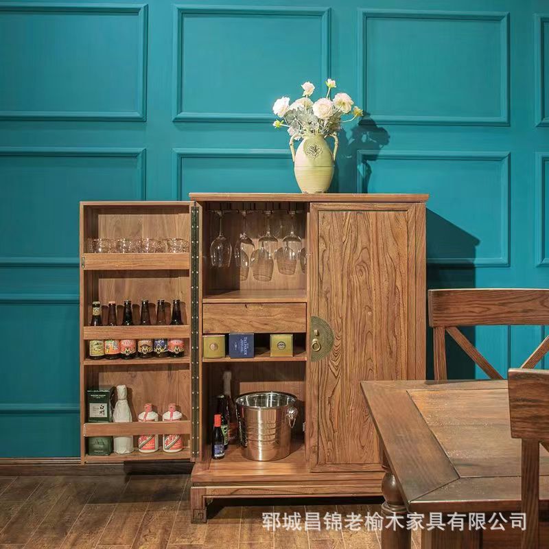 Retro Solid Wood Wine Cabinet Household Wine Storage Cabinet Old Elm Wall Sideboard Nordic Goblet Wine Cabinet